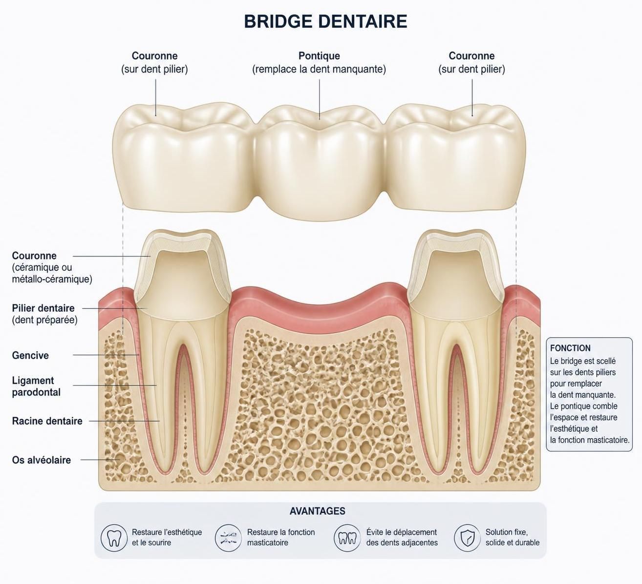 découvrez tout ce qu'il faut savoir sur le bridge dentaire : définition, types, pose, entretien et conseils pour retrouver un sourire éclatant et une mastication optimale.