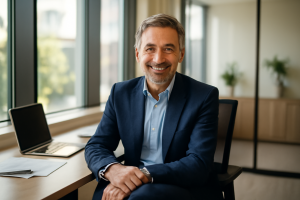 Cadre senior souriant dans un bureau moderne, illustration de l'article Cadre Senior Consulting